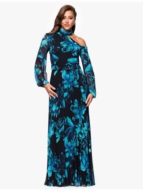 X By Xscape Floral Pleated Maxi Dress With Cutout Neck & Long Sleeves - Size 6